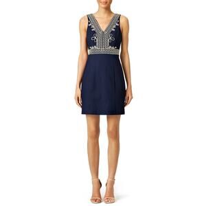 Lilly Pulitzer Aveline Navy Blue Gold Embroidered  Neck Shift Dress Size 0